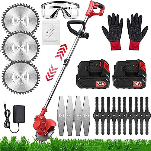 Akku-Rasentrimmer, batteriebetriebener Rasentrimmer mit 24 V, elektrischer Rasentrimmer ohne Kabel,mit 3 Arten von Klingen, 3 in 1 Verstellbarer Kopf und Teleskopgriff (Rot)