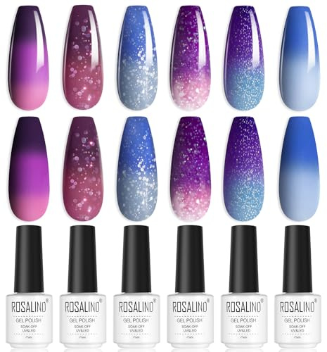 ROSALIND UV Nagellack, Thermo 6 Farben Blau Violett Rosa Glitter Rosa Farbwechsel Gel Nagellack Set Soak-Off UV Gel Nail Polish für Anfänger Nail Art Salon DIY