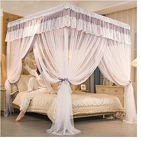FZZIBQYR Prinzessinnen-Bettvorhänge, Himmelbett, Himmelbett, Mädchen-Baldachin für Schlafzimmer, doppelte Stickerei, Spitze, Moskitonetz, Verdunkelung, King-Size-Betthimmel mit Metallhalterung (Größe