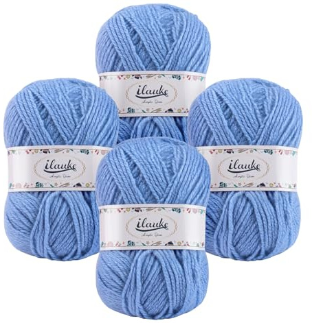 ilauke Häkelgarn 4er* 50g/Ball, Wolle zum Häkeln Super Weiche 100% Acryl Garn, Himmelblau Häkelwolle für Anfänger, Handstrickgarne Baby Fluffy Ball für Häkeln und Kunsthandwerk