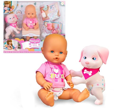 NENUCO & Petuco, Muñeco Bebé de 35 cm y el Cachorro Petuco de Cuerpo Duro, Ambos Son Bebés y debes Cuidarlos, Accesorios para Ambos, Camiseta, Pañal, Chupete y Biberón, +3 Años, Famosa (NFNA6000)