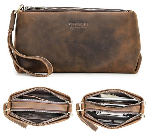 Contacts Organiseur de carte d'identité en cuir véritable pour homme, grande capacité avec verrou antivol pour passeport, téléphone portable, sac à main avec dragonne, Café-1045