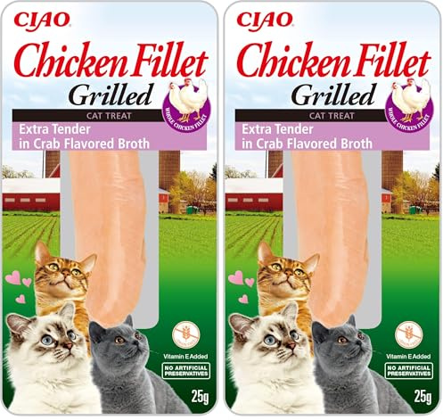 Extra Tender Grilled Chicken Fillet in Crab Flavoured Broth by Inaba - 2 Pack (25g total) / Cat Treat, Delicious & Healthy Snack, Food Topper, Pill Assist, Training Treat, Natural, Grain Free