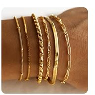 CASSIECA 6Pcs Armband Damen Gold Ketten Armbander für Damen Mädchen Armkette Figaro Cuban CZ Fischgrätenkette Kettenarmbänder Verstellbar Modeschmuck Armbander Set mit Schmuckkästchen