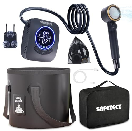 Camp Shower, Portable Shower Pump, IPX8 Waterproof, 8000mAh Rechargeable Shower Pump, 5 Speed Mode & 4 Water Mode Camping Shower with 20 L Foldable Bucket, for Hiking,Travel, Pet Bath, Car Wash(Black)