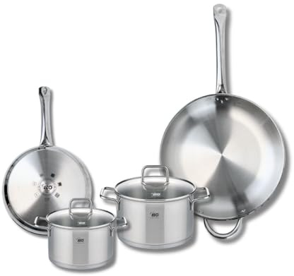 ELO 9505850 Batterie de cuisine 4 pièces, Ensemble de 2 Poêles de cuisson 24 et 32 cm et 2 faitouts 16 et 20 cm Elo Profi Citrin, inox, induction