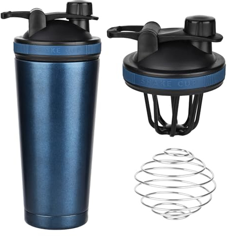 Coctelera de proteínas de acero inoxidable con colador y bola, termo de doble pared, sin BPA, a prueba de fugas (azul)