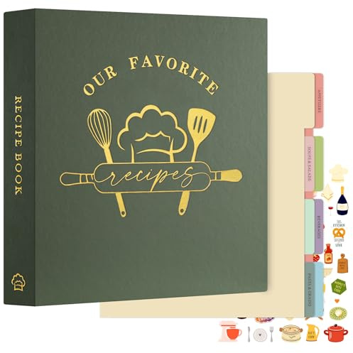 Lanpn Rezepte Ordner 3 Ringen für Kochrezepte, Kochbuch Selbst Schreiben, DIY Rezeptbuch zum Selberschreiben, Recipe Binder Rezeptordner mit 8 Trennblättern und 2 Aufklebern, Grün, Englisch