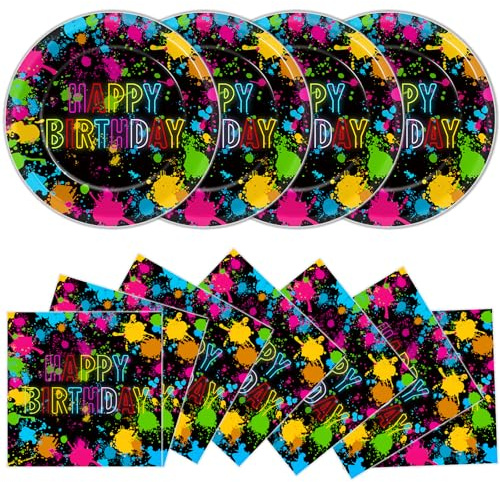 48Pcs Neon Glow in the Dark Paper Plates and Napkins Neon Birthday Party Decorations Paint Splatter Birthday Party Supplies Colorful Graffiti Disposable Tableware for Kids Baby Shower Serves 24