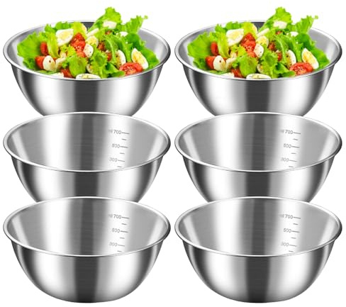 PORFOYO 6 cuencos de acero inoxidable, 700 ml, ensaladera, juego de ensaladera, diámetro de 17 cm, cuencos de acero inoxidable con marcas de medición para cereales, cuenco para salsas, aperitivos