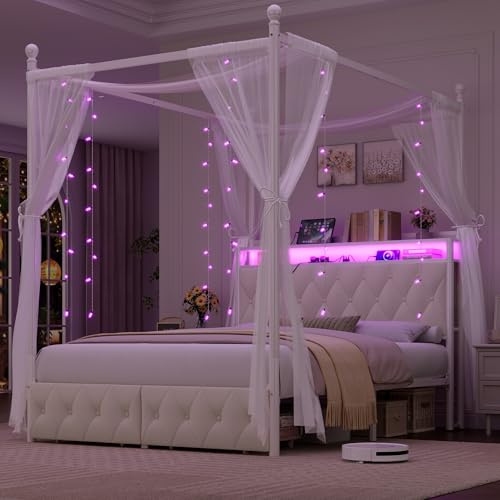 HIFIT Queen Size Upholstered LED Canopy Bed Frame with Storage and Charging Station, Button Tufted Storage Headboard with Bookshelf, Two-Use Metal Platform Bed with 4 Removable Post & 2 Drawers, Biege