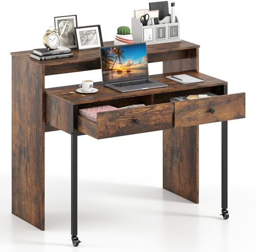COSTWAY Extending Computer Desk, Wooden Study Writing Desk PC Laptop Table with 2 Storage Drawers, Home Office Workstation Console Table for Bedroom Living Room (Rustic Brown, 100 x 63 x 88 cm)