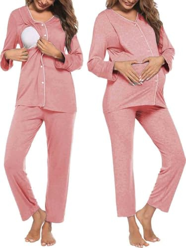 SRIWTDX Conjunto de Pijama de Lactancia de Maternidad con Botones, Ropa de Dormir Suave de Manga Larga, Ropa de Dormir para Lactancia,Rosado,L