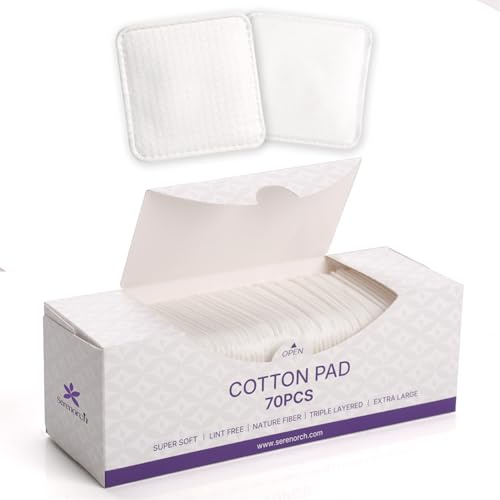 Serenorch Extra Large Cotton Pads (3x3 Inch), 70 Count 100% Cotton Squares for Toner & Makeup Removal, Lint-Free Triple-Layer, Soft & Hypoallergenic for Sensitive Skin (Oeko-TEX Certified)