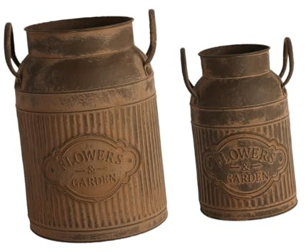 2 pezzi chic brocca per latte lattina con manico fattoria brocca vaso rustico in metallo decorazione per esterno casa tavolo centrotavola, marrone