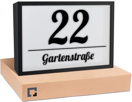 PRINTIMA LED Hausnummer Schild – 230V Anschluss – Schwarz 33x22 cm – Aluminium + Plexiglas – Wetterfest, personalisierbar, modernes Design für Außenbereich, klare Sichtbarkeit bei Nacht
