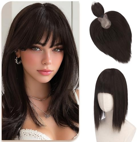 Sofeiyan Haar Toppers für Frauen,30 cm Glattes Clip in Haar-Topper mit Pony,Dunkelbraun & Mittelblond 62 g Synthetische Haarteile für Dünnes,8 * 12cm Realistische Kopfhaut Haarstücke Geeignet Kahl