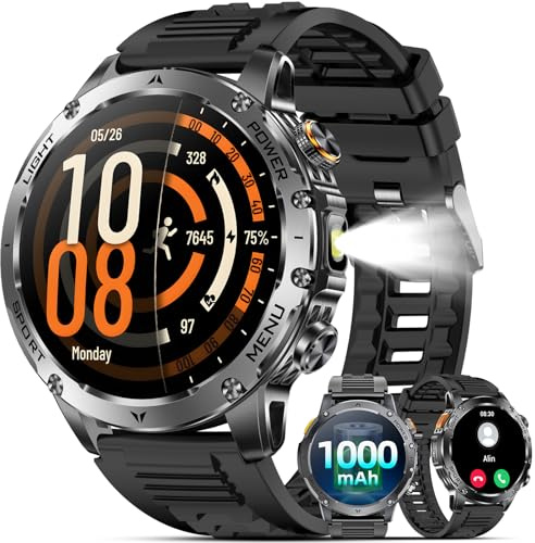 Karchilor Smartwatch Uomo, Orologio Intelligente, 1000mAh/1.7'' Militari Smart Watch con Chiamate Bluetooth, 100+ Modalità Sportive, per Cardiofrequenzimetro,SpO2 per Android iOS (Nero)