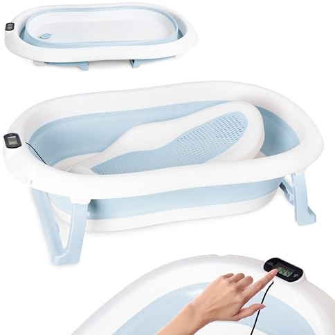 Babybadkar vikbart babybadkar – blått babybadkar med termometer och badstol – 80 cm babybadkar för barn 0–36 månader – barnbadkar halkfritt bärbart