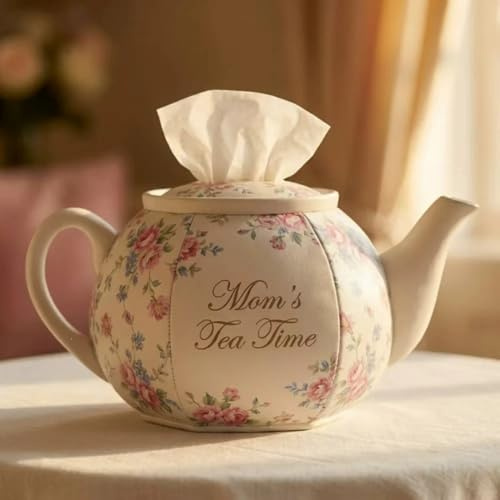 Personalised Teapot Tissue Box Cover, Vintage Floral Fabric Tissue Box Holder with Mom’s Tea Time Design, Decorative Cube Tissue Cover for Living Room, Bedroom, Desk and Tea Lovers
