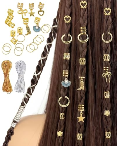 JEXOWIQ 45pcs Anelli per Capelli a Spirale in Metallo con 6m Cordini, Gioielli per Capelli Trecce e Dreadlocks, Decorazioni Clip Oro per Uomini e Donne, Fermagli Decorativi per Acconciature