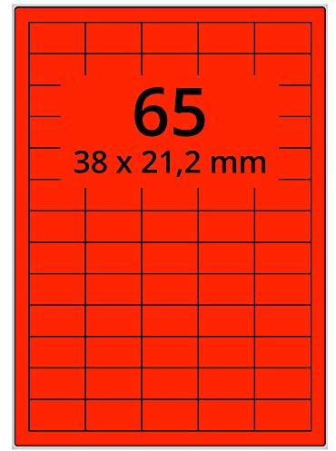 Farbige Etiketten auf A4 Bogen, neonrot - 38 x 21,2 mm - 6.500 Papier Aufkleber auf 100 Blatt, selbstklebende Laser-Etiketten fluorisierend leuchtfarbig