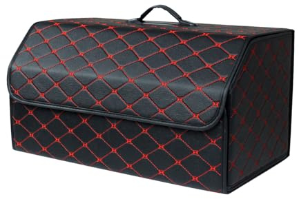 Ergocar Kofferraum Organizer Luxus-PU-Leder Aufbewahrungstasche Organizer Wasserdicht Faltbar Kofferraum-Tasche für Auto/LKW/SUV (Schwarz Rot-L)