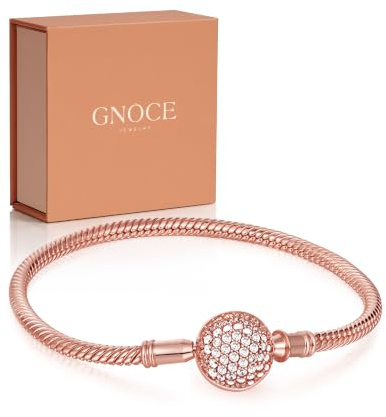 GNOCE Sterling Silber Basic Charm Armband Zierlicher Armreif mit Kristallrand Verschluss Armbänder Damen DIY Schlangenkette 18K Rosegold plattiert Liebenswerte Geschenke für Sie (Roségold, 17)