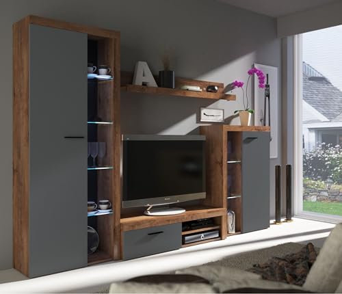 Kuechen-preisbombe Wohnwand Rumba Anbauwand Wohnkombi Wohnzimmer Grau + Eiche Lefkas matt