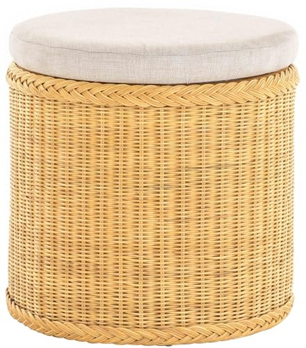Rattan Wäschekorb Wäschetruhe Sitz gepolstert Honig, Flur-Bank Aufbewahrungsbox mit Deckel Bad-Hocker Sitzhocker Wäschesammler Sitz-Truhe Natur (Honig, Rund)