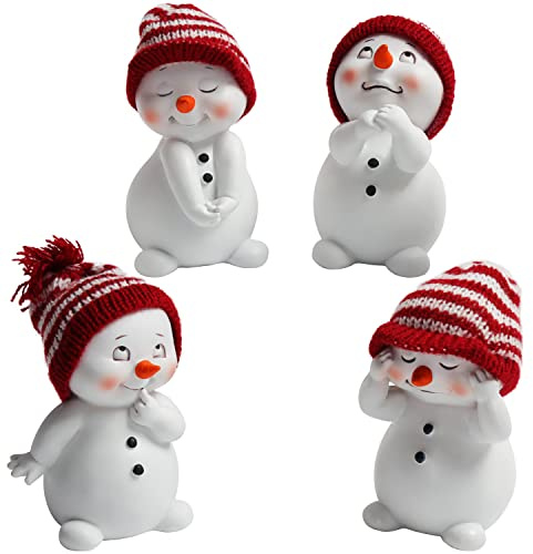 BELLE VOUS 4 Pack Decorative Snowman Christmas Figurines - 11cm/4.33 Inches Tall - Set of 4 Winter Miniature Figures - Assorted Snowmen Ornaments with Red Hats for Christmas Decoration/Gifts