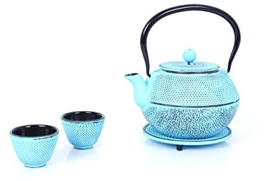 ECHTWERK Service à thé en fonte, théière 1,1 L avec passoire amovible, théière avec soucoupe, set de théières au design vintage pour la préparation de thé en vrac, bleu clair