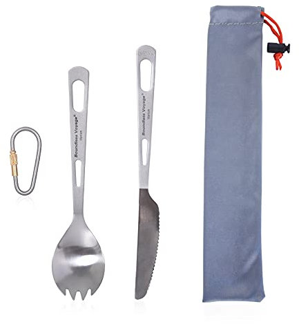 iBasingo Titanium Cutlery Set Camping Dinner Spork Knife Small Tableware Lightweight Portable Picnic Hiking Outdoor Travel Kitchen Dinnerware Daily Office Utensils Metal Flatware Set with Hook Ti1046T