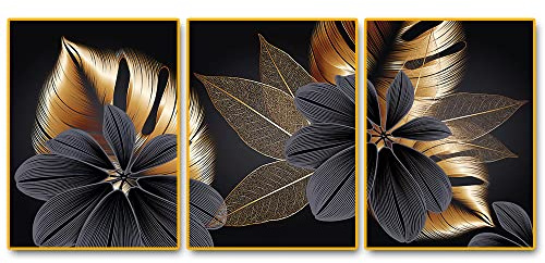 JLCZBT Poster Set 3 Stück Schwarz Goldenes Pflanzenblatt Leinwand Ohne Rahmen Schwarz Golden Wandbild Print Bilder Modern Wohnzimmer Deko (60×90cm)