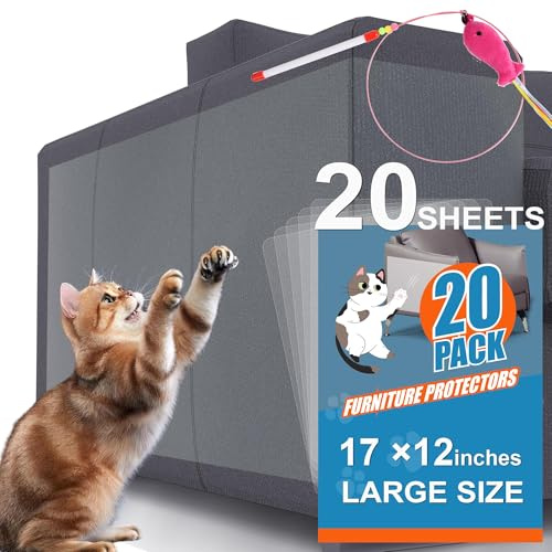 20-Pack Cat Scratch Furniture Couch Protector - Large Size 17x12inch Sofa Protectors Tape from Anti Cats Claws Scratching , Chair Corner Guards Cover for Cat Stop Scratching with 50 Twist Pins and Toy