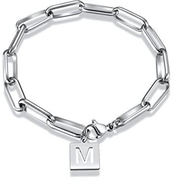 KnSam Edelstahl Armbänder, Armkettchen Armreif Büroklammer Englischer Anfangsbuchstabe M Paper Clip für Männer Geschenk Schmuck, Silber