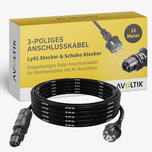 Avoltik 3-poliges Wechselrichter Anschlusskabel 15m I Robustes Kabel mit Ly01 Stecker & Schuko Stecker I doppelseitiges Solar Anschlusskabel für Wechselrichter mit AC-Anschluss & Ly01-Buchse