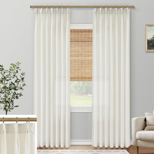 SHINELAND Durchsichtige Leinen-Vorhänge für Wohnzimmer, lichtfilternd, halb 213 cm lang, elfenbeinfarben, cremefarben, Vintage-Vorhänge für Esszimmer, 213 cm Länge, 2 Paneele, Plisseefalten