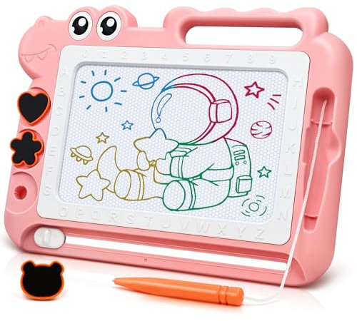 Dinosaure Ardoise Magique Jouet Enfant 2 3 4 Ans, Ardoise de Gribouillage Magnétique Effaçablem Jeu Educatif Cadeau 2-5 Ans Filles Garçons, 4 Zones de Couleur 3 Tampons 1 Stylo, Rose