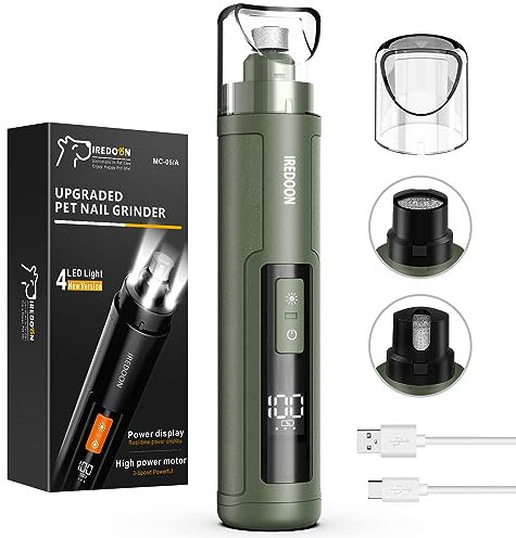 IREDOON Profi Krallenschleifer für Hunde 3-Gang Mit 4 LED-Leuchten – Neuester Krallenschleifer Mit Leistungsanzeige für Haustiere, Superleise, Wiederaufladbare für Große, Mittelgroße und Kleine Hunde