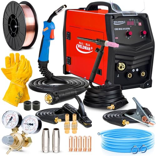 Weldman Micro MIG 215 SYN - Saldatrice a Filo Continuo con Gas 210A - Saldatrice Inverter Professionale Sinergica 3 in 1 - Torce per Saldatura MIG e TIG - TIG DC e MMA - IGBT - Set Basic