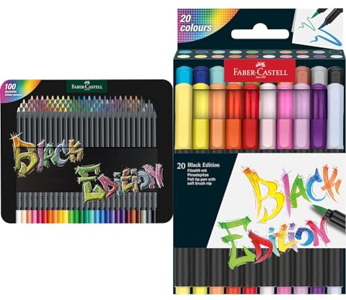 Faber-Castell 116490 - Buntstifte Black Edition, 100er Metalletui, bruchsicher, für Kinder und Erwachsene & 116452 - Filzstifte Set Black Edition 20er Etui, mit Pinselspitze, für Kinder und Erwachsene