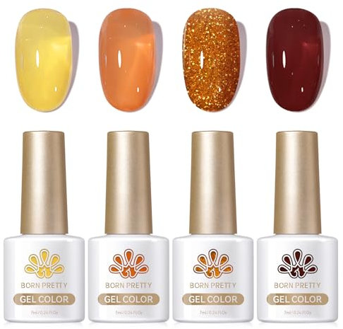 Born Pretty Vernis à ongles en Gel Semi-Permanent Brun Orange - Vernis Semi Permanent Transparent Crystal Series Automne UV LED Soak Off Ongles Pour Studio de Manucure DIY Home, 7ML 4PCS