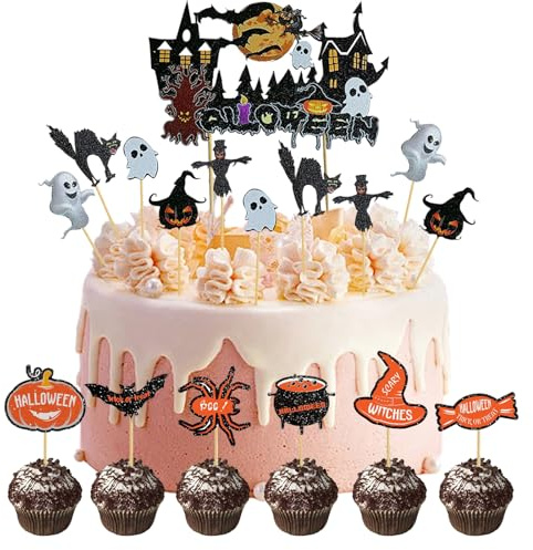BSITSSS 17 Stück Halloween Tortendeko, Fledermaus Halloween Kuchendeko, Kürbis Halloween Kuchen Deko, Cupcake Topper Halloween Süßigkeiten, Halloween Cake Topper für Party Kuchen Geburtstage Dekor