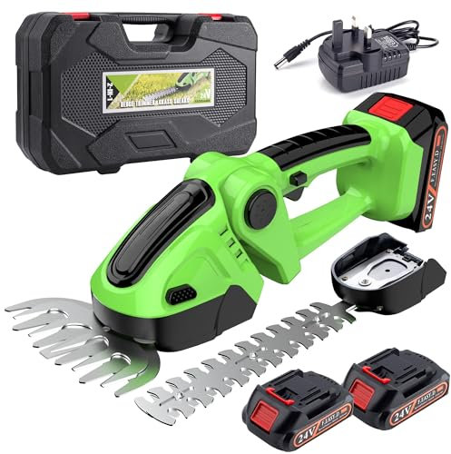 Cordless Hedge Trimmer-24V Electric Shrub Trimmer Grass Shears Handheld Grass Cutter, Hedge Shear with 2 PCS Rechargeable Batteries and Charger for Garden, Lawn (Light Green)