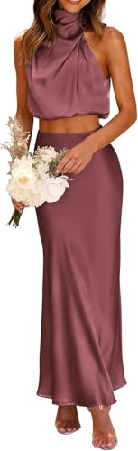 Trajes de satén de 2 Piezas para Mujer, Blusas Cortas de Cuello Falso sin Mangas de Verano y Conjuntos de Vestido de Falda Larga (Morado,S)