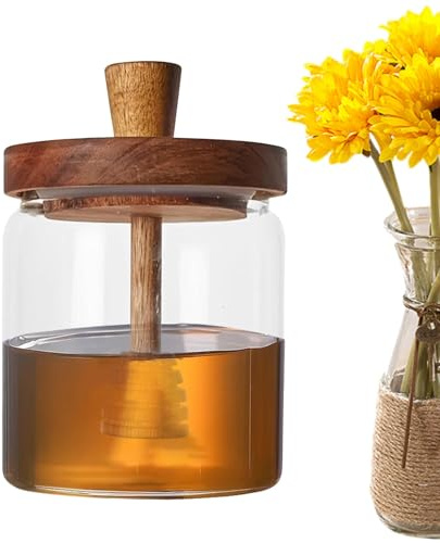 Tarros de miel con cuchara, dispensador de miel con tapa de madera, tarros de miel de vidrio de 500 ml, recipientes de miel para almacenar miel para la cocina del hogar