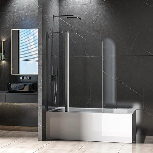 Duschwand Duschabtrennung 90x140cm Dusche für Badewanne, 2-Teilig Faltbar Duschtrennwand mit Seitenwand, Badewannenaufsatz aus 6mm NANO Sicherheitsglas Dusche Faltwand Chrom