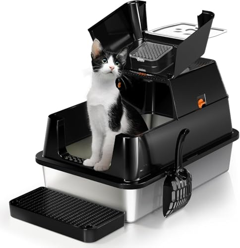 Stainless Steel Cat Litter Box with Lip, XXL Large Enclosed Litter Tray, 60 x 40 x 39 cm, Cat Litter Box Tray for Cats, Easy Clean, Odor Control, 180° Flip-Top - Black