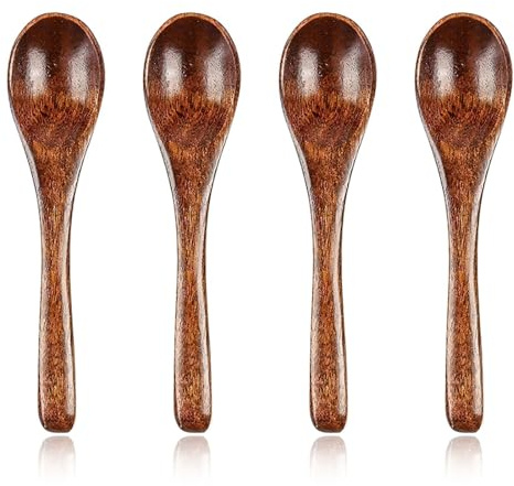 SGERUFZ 4 Pièces Cuillère à Miel en Bois Artisanale Petite Cuillère en Bois Naturelle Nanmu Cuillère à Soupe pour Mélanger Remuer Cuire Chocolat Chaud Miel Café Thé Accessoire de Cuisine (Brun)